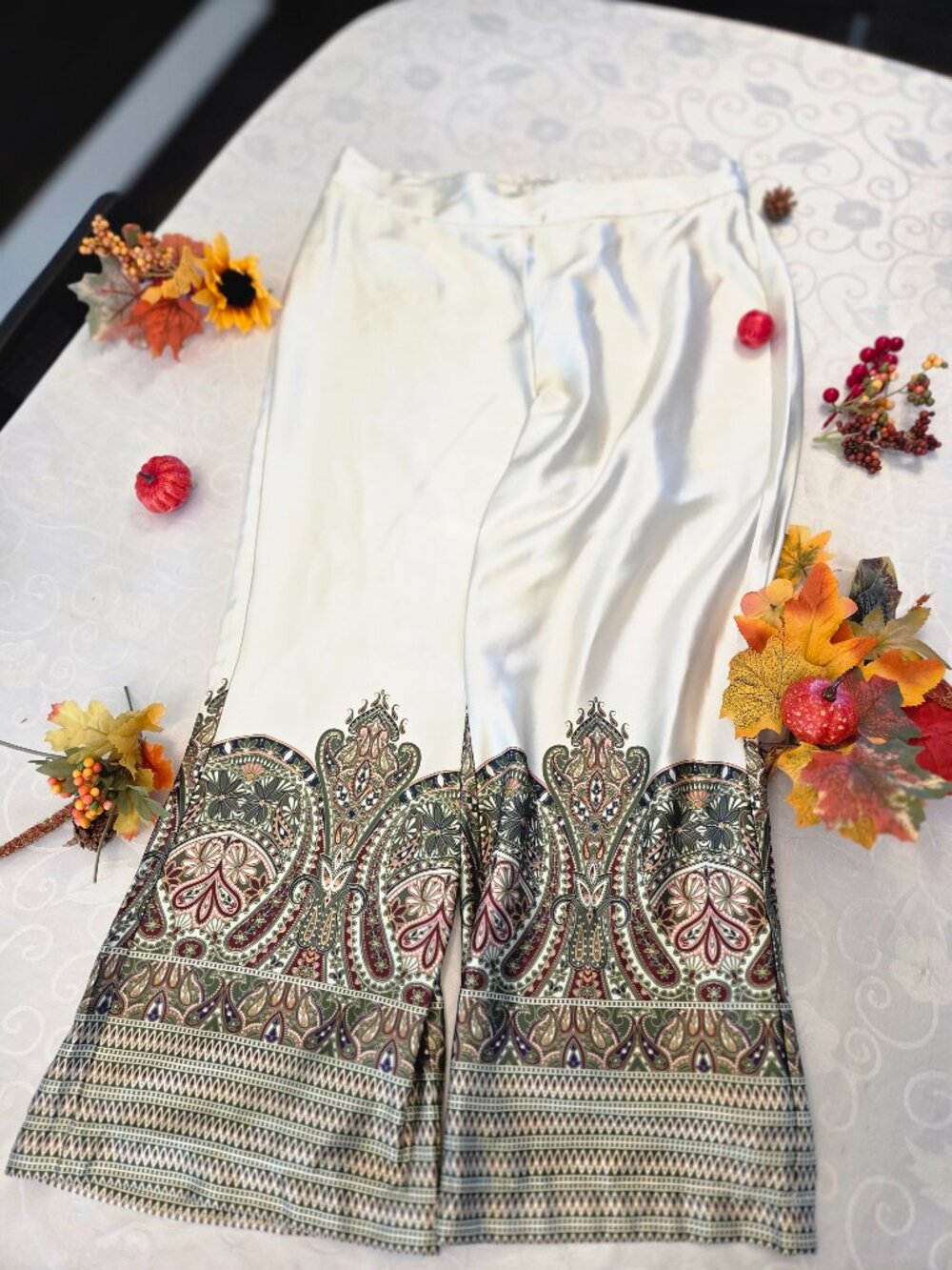 Liverpool Paisley Satin Wide Leg Pants Cream Olive XL 14 16